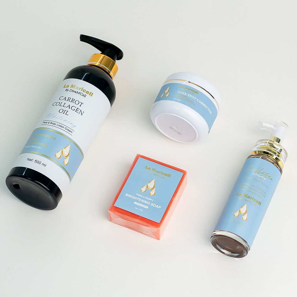 La Maricell brightening skincare set with lotion, soap, cream, and serum.