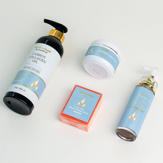 La Maricell brightening skincare set with lotion, soap, cream, and serum.