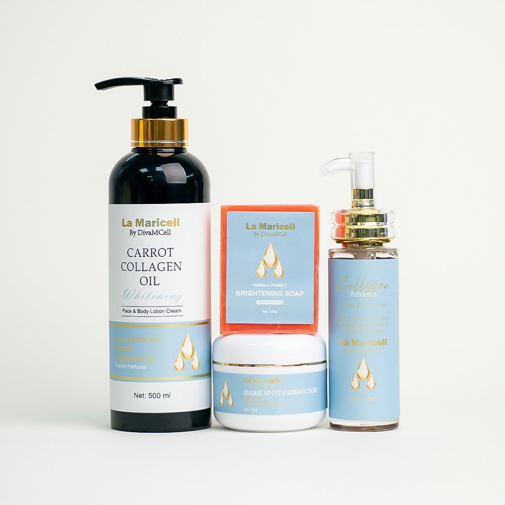 La Maricell carrot collagen oil, brightening soap, and skincare products displayed together.