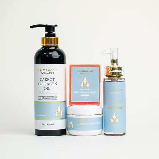 La Maricell carrot collagen oil, brightening soap, and skincare products displayed together.
