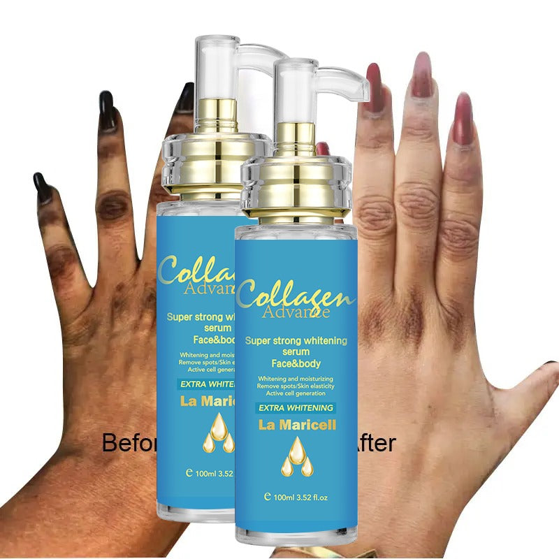 Collagen advance face and body serum by La Maricell shown with results.