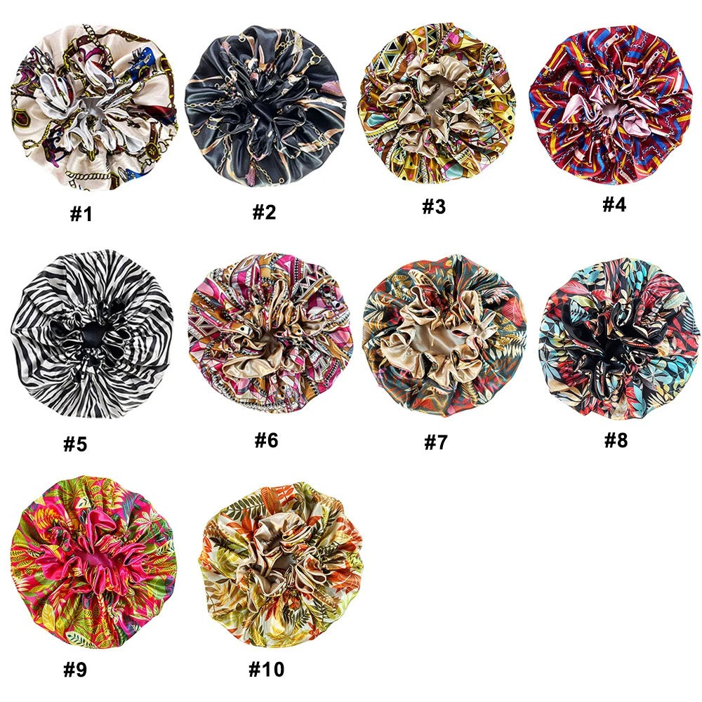 La Maricell silk-style hair bonnet with soft satin lining and floral print.