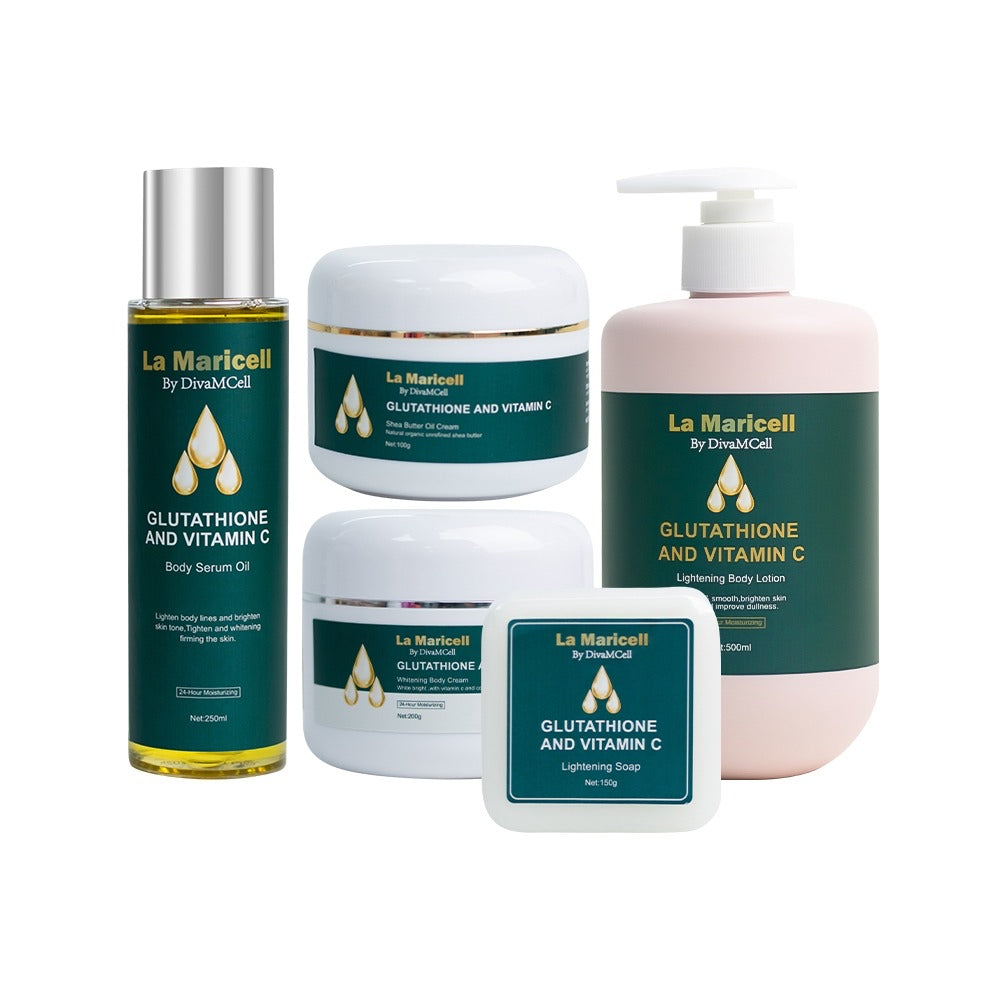Glutathione and vitamin C body care products by La Maricell displayed together.