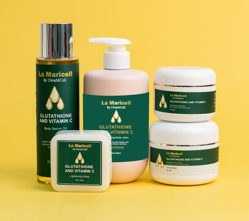 La Maricell glutathione and vitamin C skincare set with lotion, serum, cream, and soap.