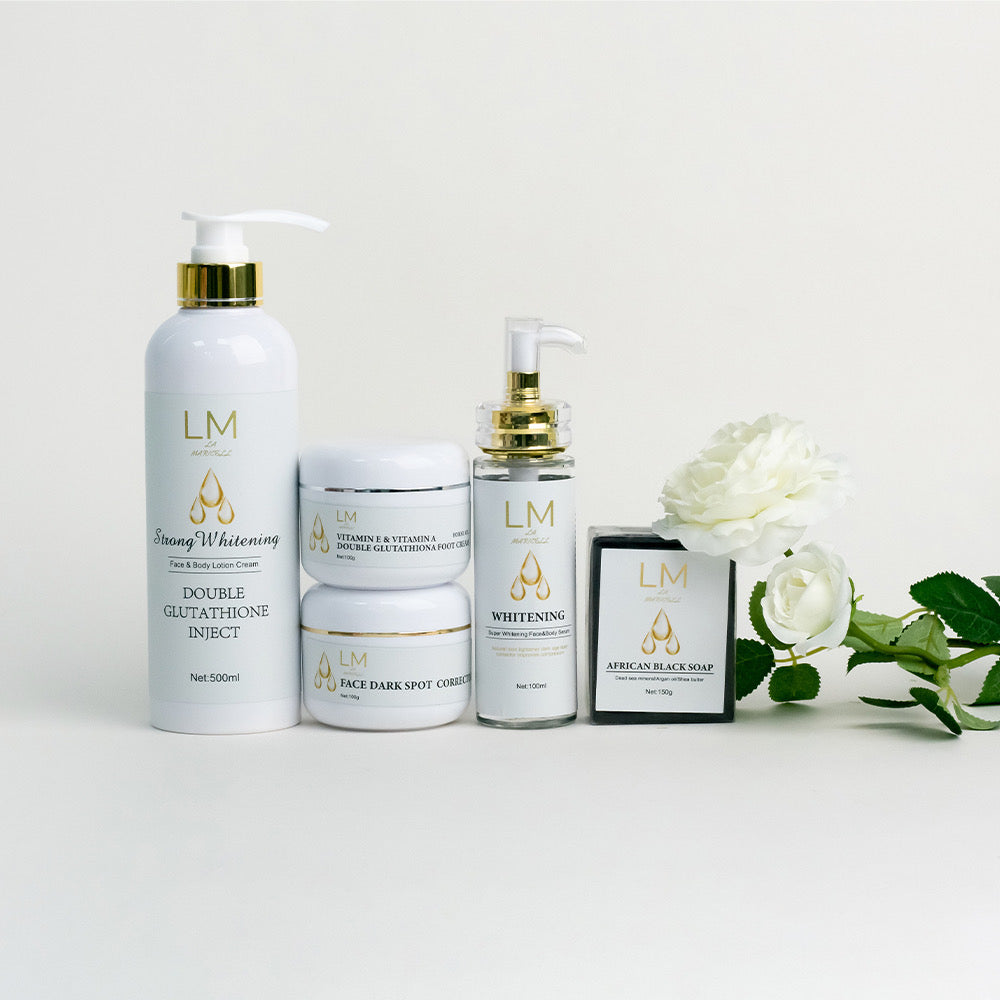 La Maricell glutathione whitening skincare set with lotion, serum, cream, and soap.