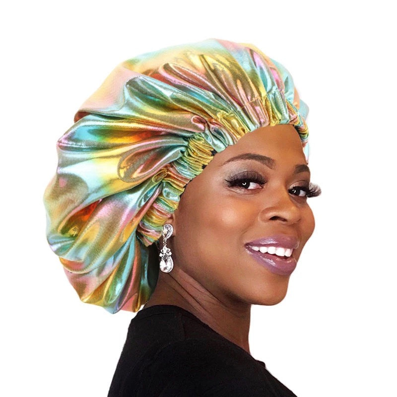 Colorful satin sleep bonnet from La Maricell for all hair types.