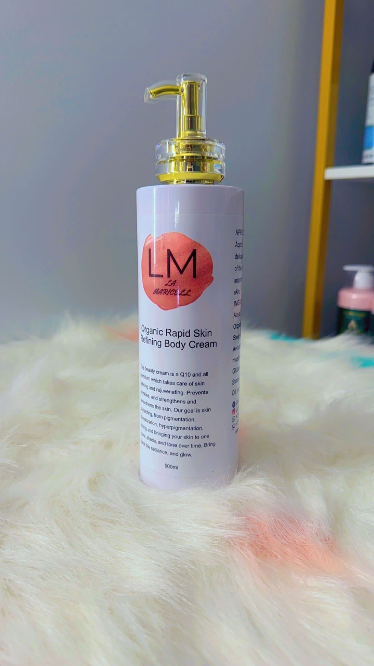 La Maricell organic rapid skin refining body cream in pump bottle.