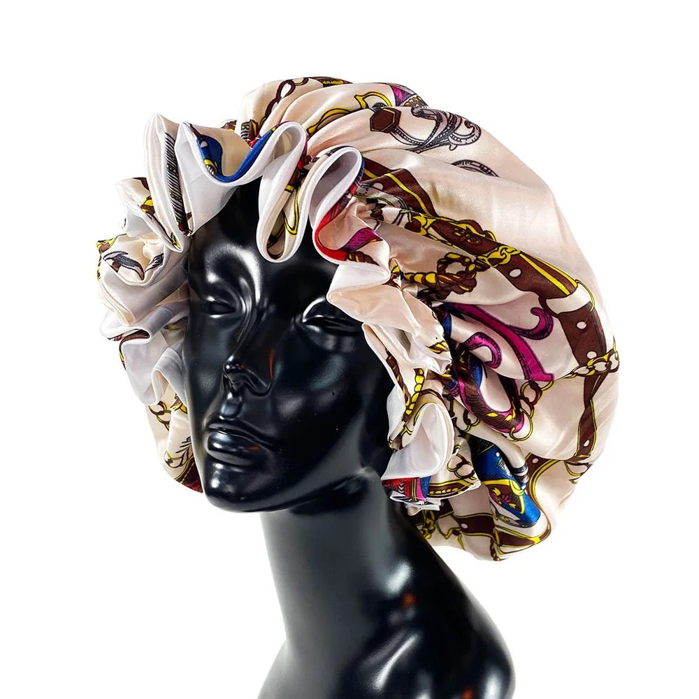 La Maricell floral satin hair bonnet for protecting hair overnight.