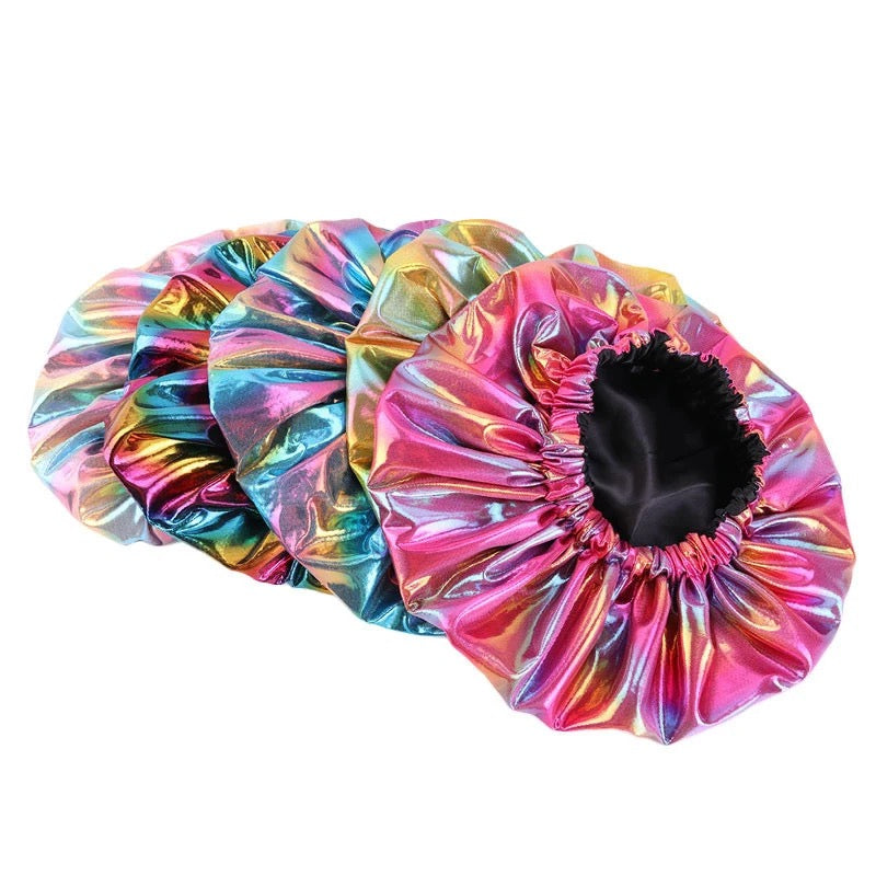 La Maricell multicolor satin hair bonnets designed for sleeping and hair protection.