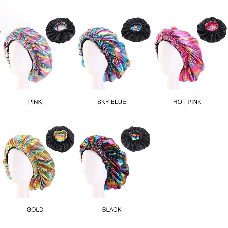La Maricell satin hair bonnet set shown in vibrant rainbow colors.