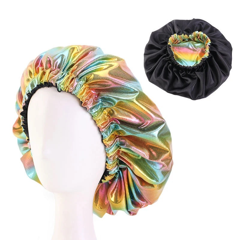Satin hair bonnet by La Maricell with shiny multicolor finish.
