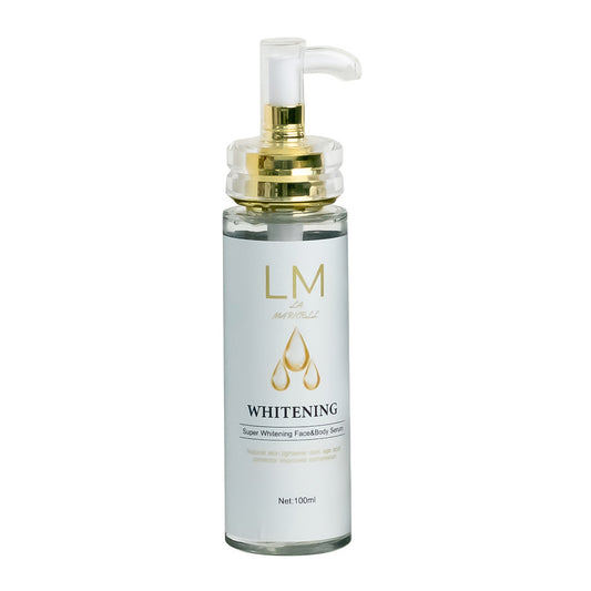La Maricell whitening serum shown with visible skin tone improvement.