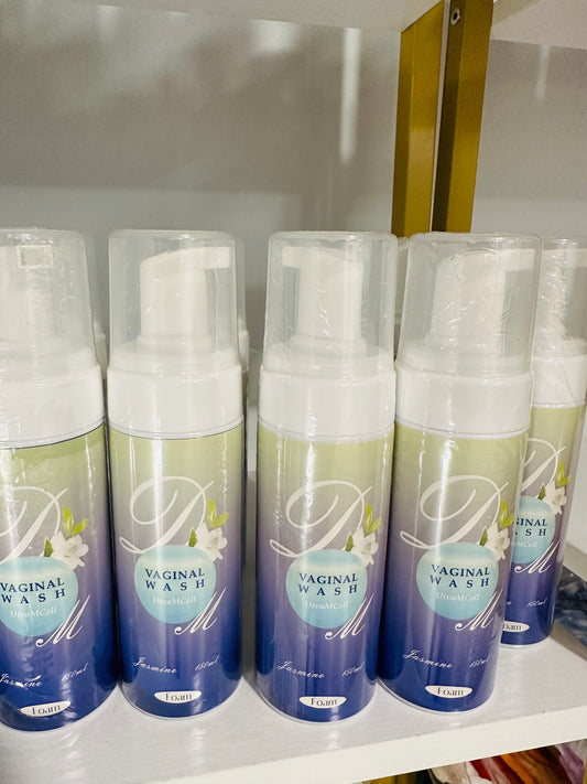 La Maricell vaginal wash foam with jasmine scent displayed on a shelf.