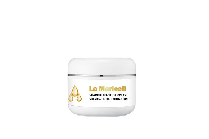 La Maricell vitamin E horse oil cream in a white skincare jar.