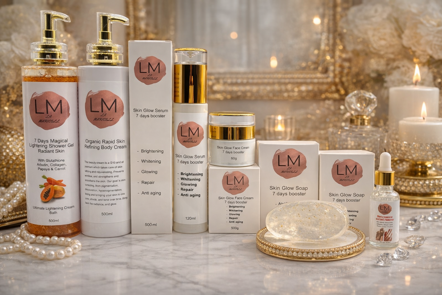 Collection of La Maricell skincare products on a decorative surface with candles and crystals.